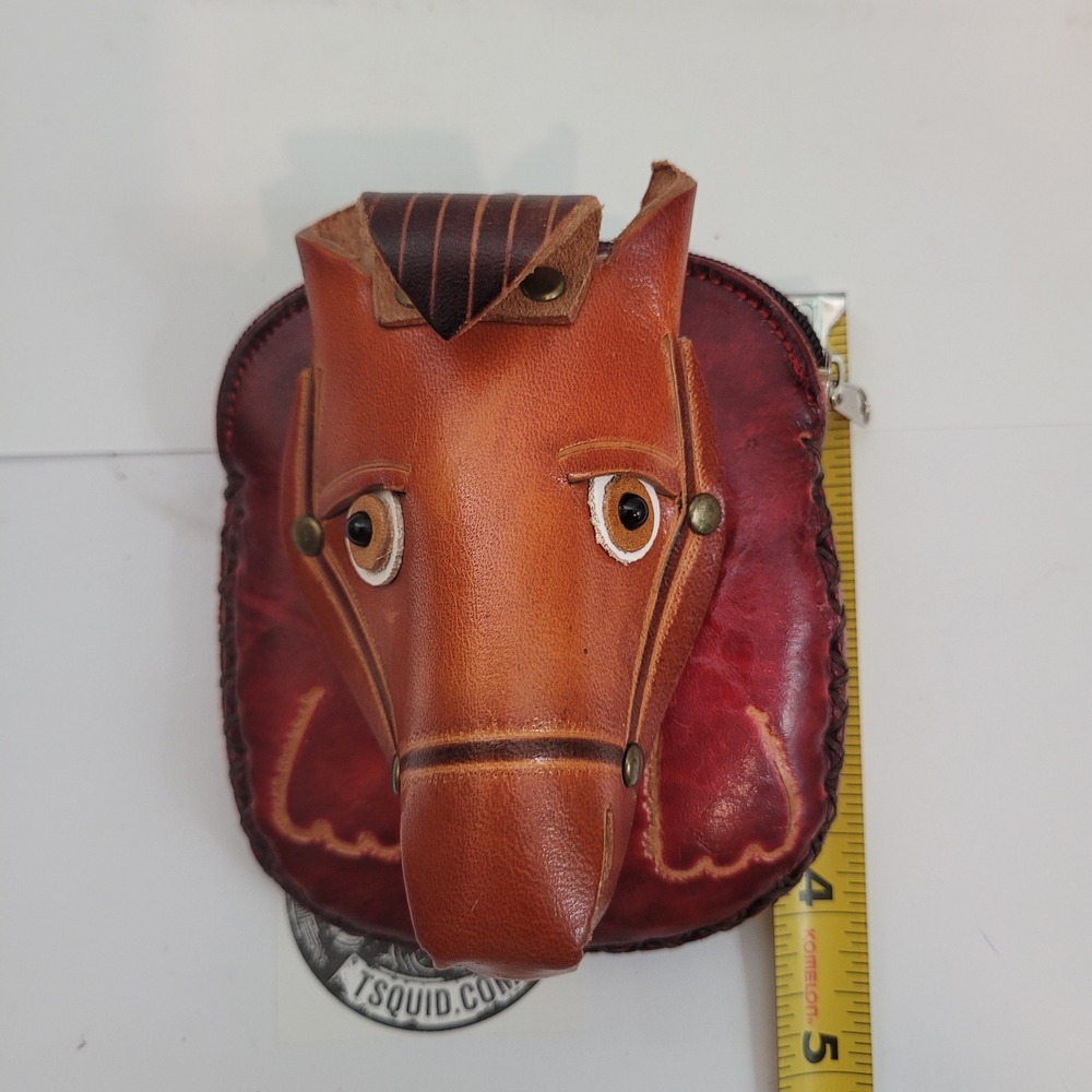 Handmade Genuine Leather Horse Coin Purse 3D Animal Floral Embossed Brown - Picture 5 of 8
